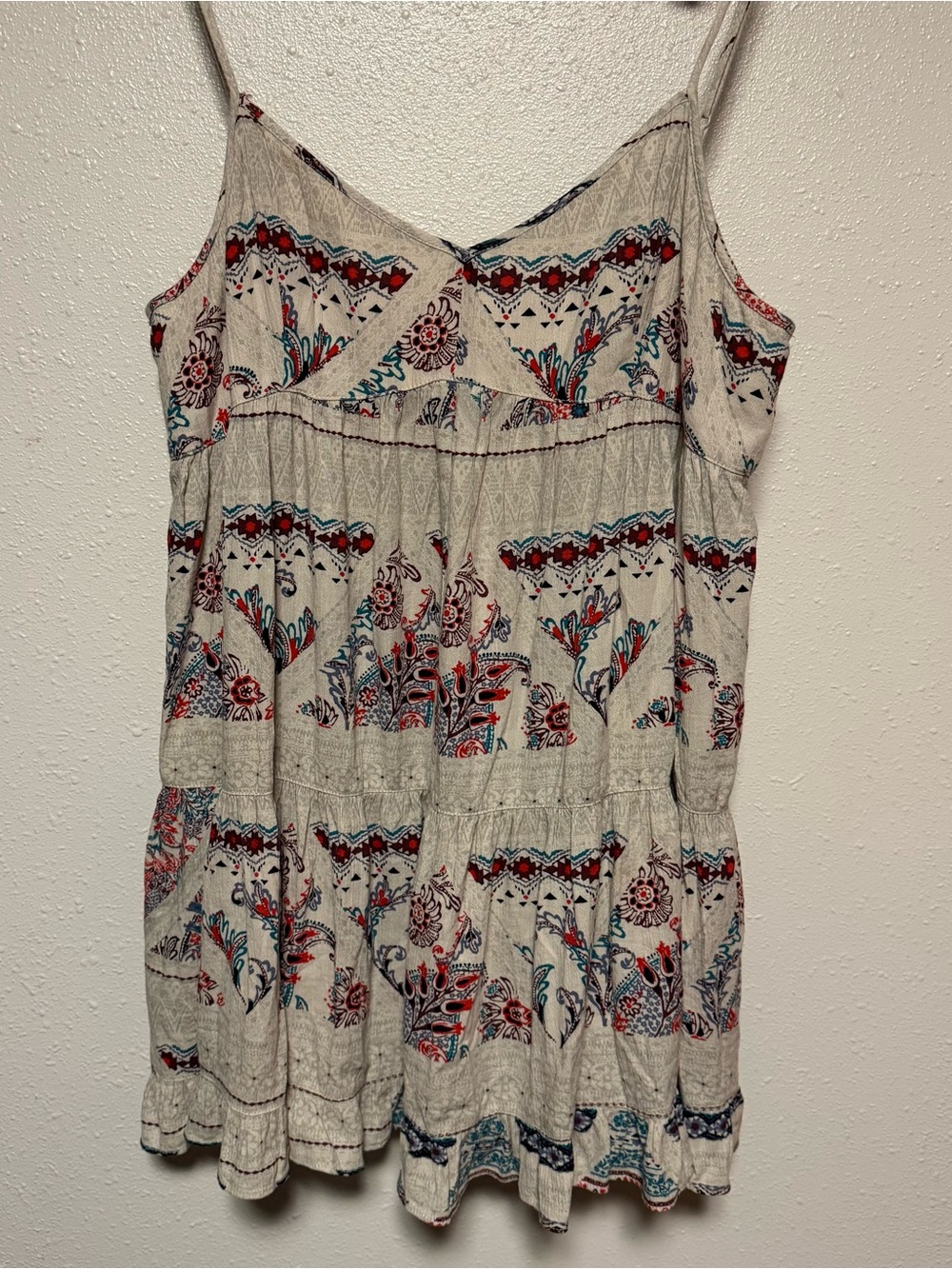 American Eagle Outfitters Cream Floral Tiered Cami with Red and Blue Accents